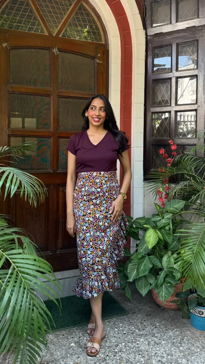 Floral Frill Wrap Skirt (Free Size) - Wine