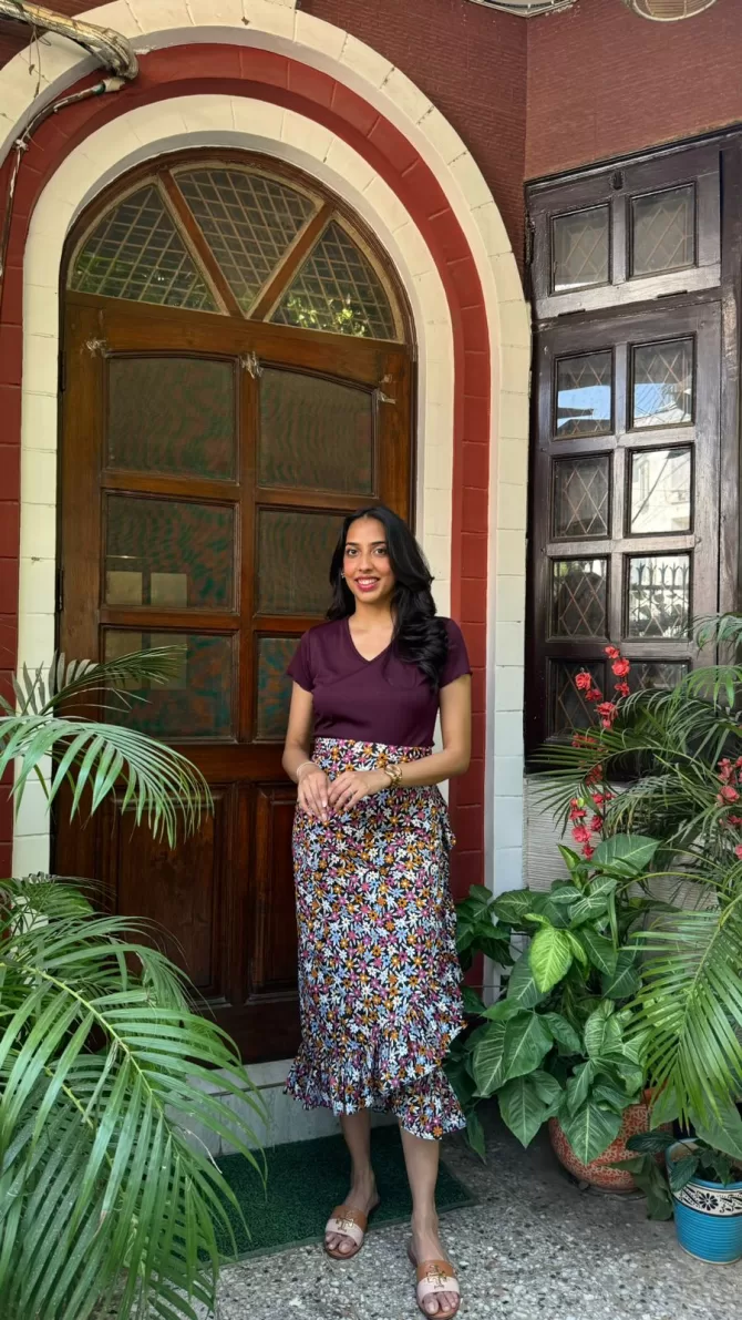 Floral Frill Wrap Skirt (Free Size) - Wine
