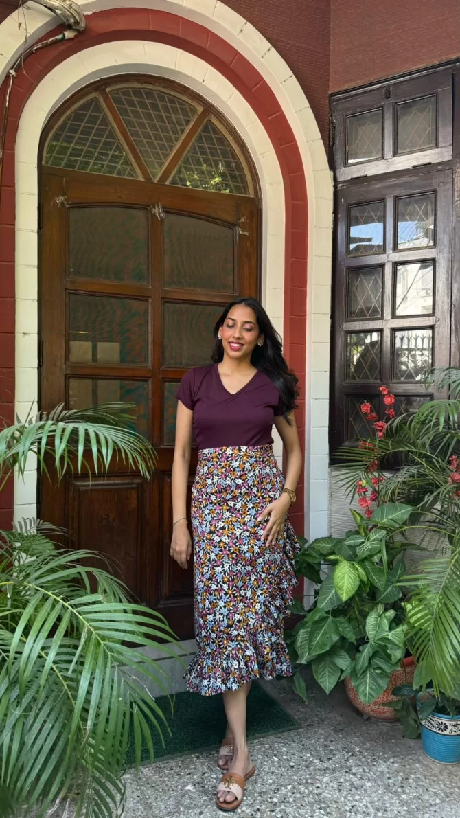 Floral Frill Wrap Skirt (Free Size) - Wine
