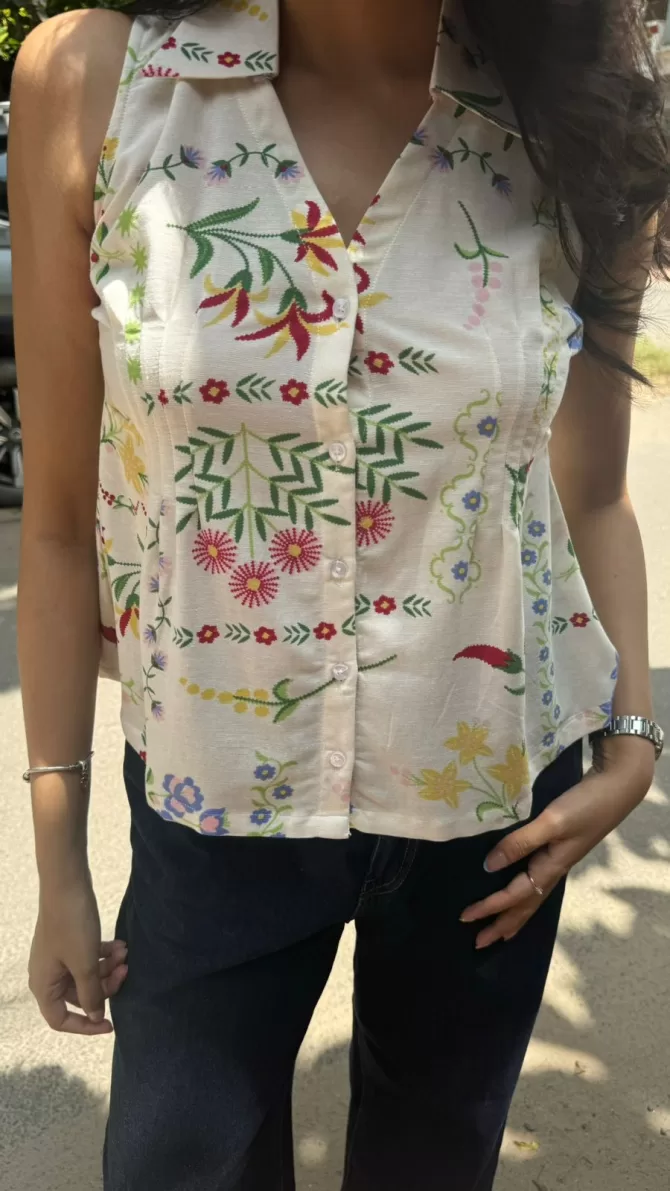 Wild Flower Cotton Shirt (Sleeveless) - White (Premium Collection)