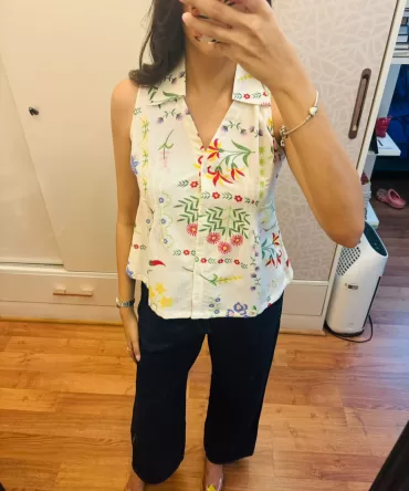 Wild Flower Cotton Shirt (Sleeveless) – White (Premium Collection)