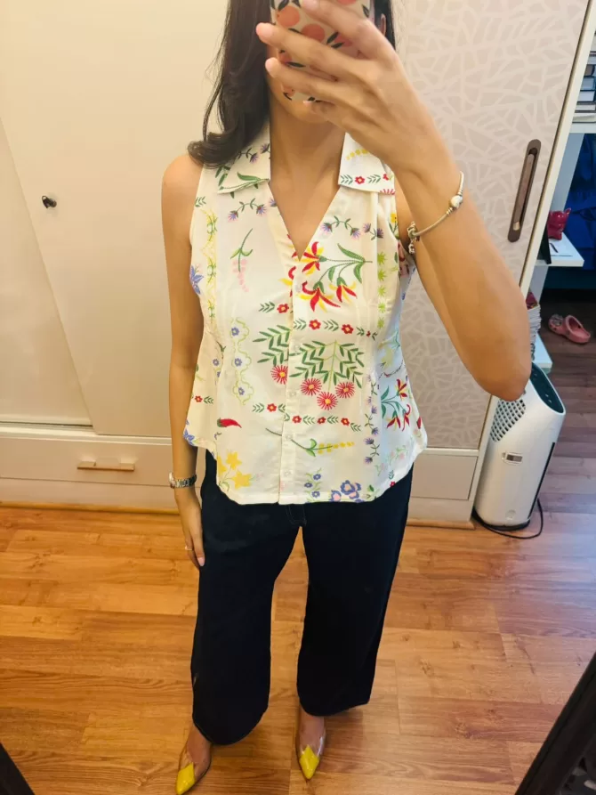 Wild Flower Cotton Shirt (Sleeveless) - White (Premium Collection)